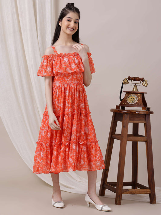 Girls Floral Printed Fit and Flare Ethnic Dress