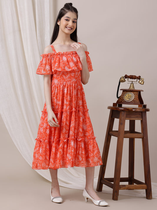 Girls Floral Printed Fit and Flare Ethnic Dress