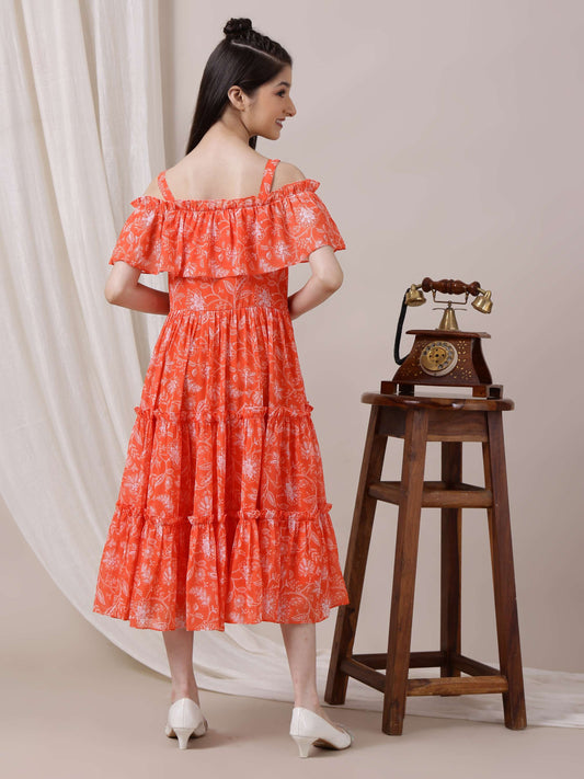 Girls Floral Printed Fit and Flare Ethnic Dress