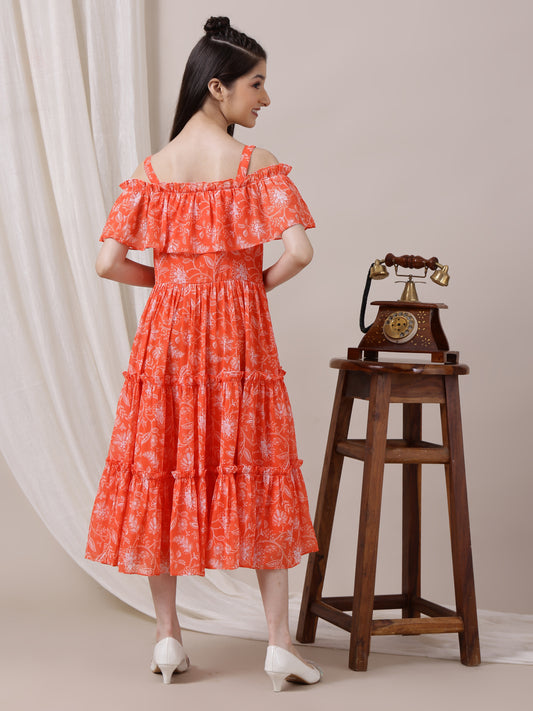 Girls Floral Printed Fit and Flare Ethnic Dress