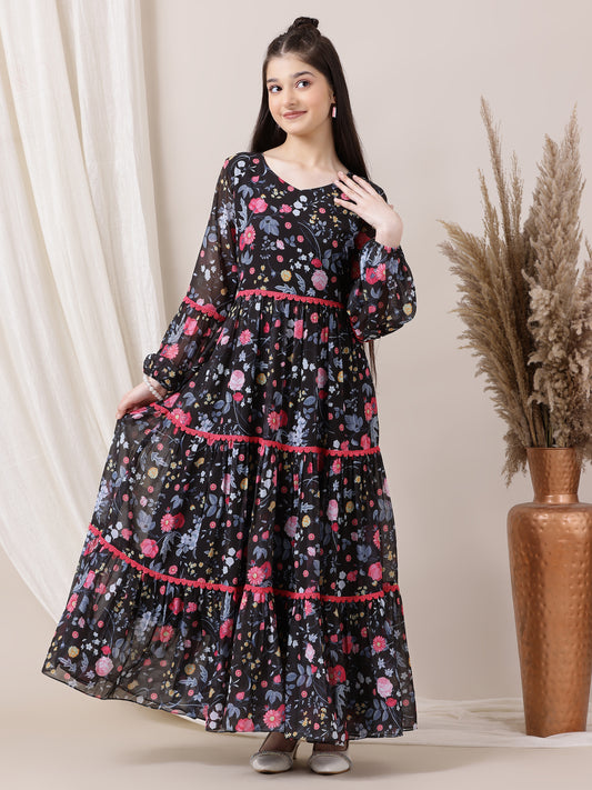 Girls Floral Printed Fit and Flared Ethnic Dresses