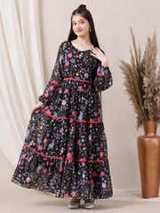 Girls Floral Printed Fit and Flared Ethnic Dresses