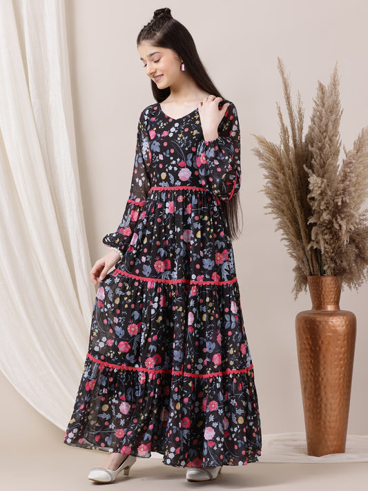 Girls Floral Printed Fit and Flared Ethnic Dresses
