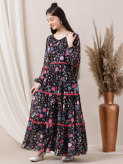 Girls Floral Printed Fit and Flared Ethnic Dresses