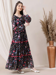 Girls Floral Printed Fit and Flared Ethnic Dresses