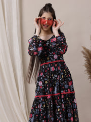 Girls Floral Printed Fit and Flared Ethnic Dresses