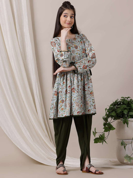 Girls Floral Printed Pleated Anarkali Kurta with Dhoti Pants
