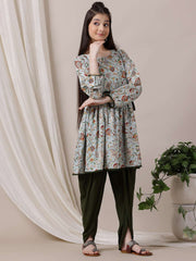 Girls Floral Printed Pleated Anarkali Kurta with Dhoti Pants