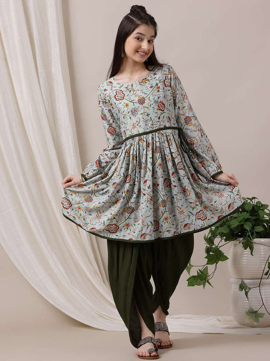 Girls Floral Printed Pleated Kurta with Dhoti Pants