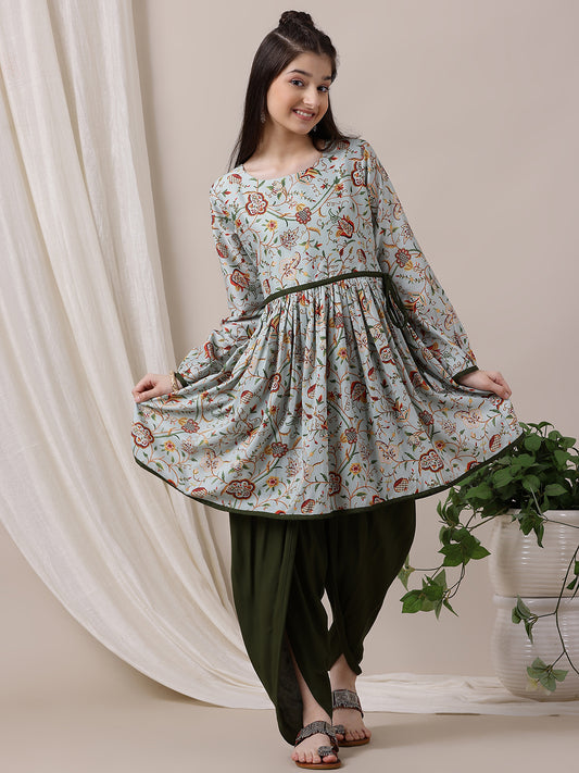 Girls Floral Printed Pleated Kurta with Dhoti Pants