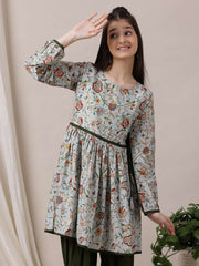 Girls Floral Printed Pleated Kurta with Dhoti Pants