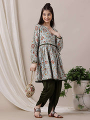 Girls Floral Printed Pleated Kurta with Dhoti Pants