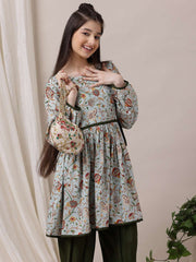 Girls Floral Printed Pleated Anarkali Kurta with Dhoti Pants