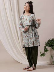 Girls Floral Printed Pleated Kurta with Dhoti Pants