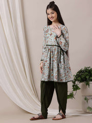Girls Floral Printed Pleated Kurta with Dhoti Pants
