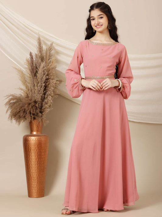 Girls Floral Sequinned Embroidered A-Line Maxi Ethnic Dress