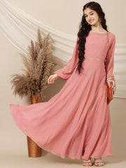 Girls Floral Sequinned Embroidered A-Line Maxi Ethnic Dress