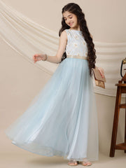 Girls Floral Sequined Embroidered Sleeveless A-line Maxi Ethnic Dresses