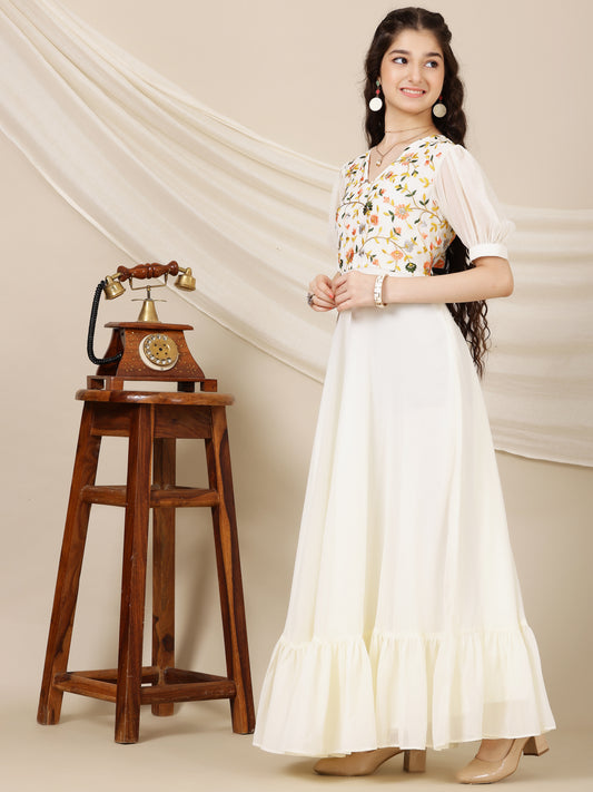 Girls Floral Multi Thread Embroidered A-Line Ethnic Dress