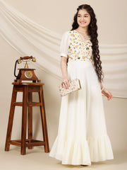 Girls Floral Multi Thread Embroidered A-Line Ethnic Dress