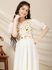 Girls Floral Multi Thread Embroidered A-Line Ethnic Dress