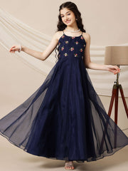 Girls Floral Embroidered Sleeveless A-Line Maxi Ethnic Dresses