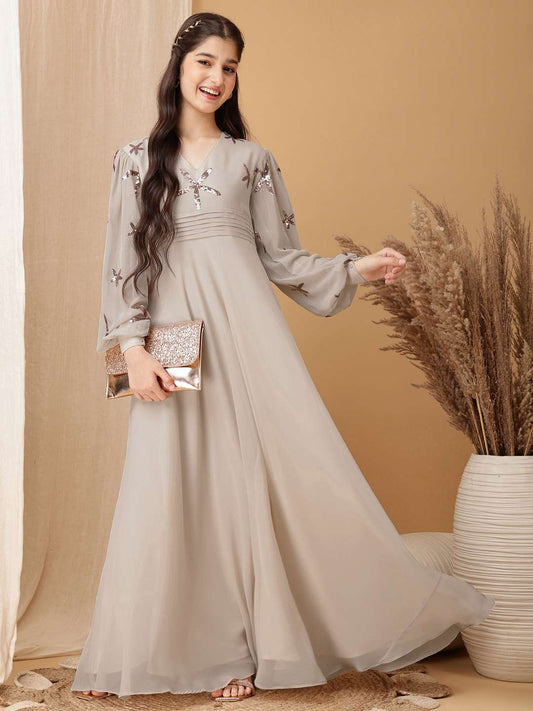 Girls Floral Embroidered Sequinned Georgette Ethnic Dress