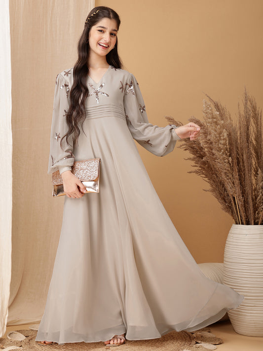 Girls Floral Embroidered Sequinned Georgette Ethnic Dress