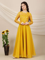 Girls Floral Sequined Embroidered Long Sleeves Maxi Ethnic Dresses