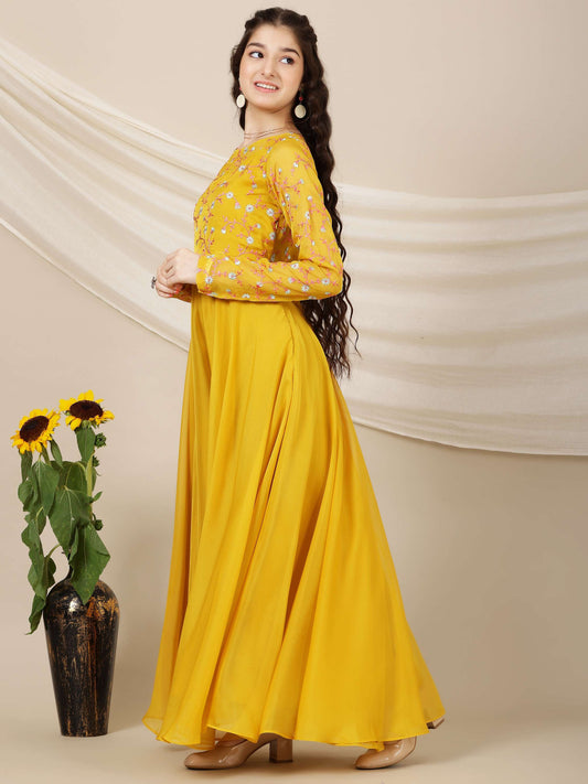 Girls Floral Sequined Embroidered Long Sleeves Maxi Ethnic Dresses