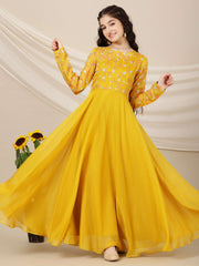 Girls Floral Sequined Embroidered Long Sleeves Maxi Ethnic Dresses