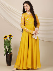 Girls Floral Sequined Embroidered Long Sleeves Maxi Ethnic Dresses