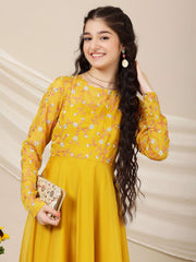 Girls Floral Sequined Embroidered Long Sleeves Maxi Ethnic Dresses