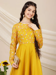 Girls Floral Sequined Embroidered Long Sleeves Maxi Ethnic Dresses