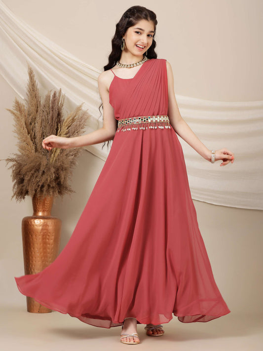 Girls Sleeveless Maxi Ethnic Dress With Embellished Belt