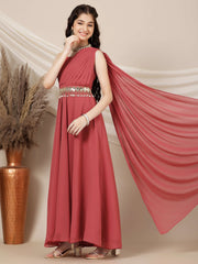 Girls Sleeveless Maxi Ethnic Dress With Embellished Belt