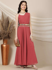 Girls Sleeveless Maxi Ethnic Dress With Embellished Belt