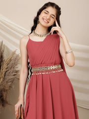 Girls Sleeveless Maxi Ethnic Dress With Embellished Belt