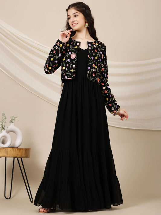 Girls Embroidered A-Line Maxi Ethnic Dress With Jacket