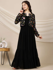 Girls Embroidered A-Line Maxi Ethnic Dress With Jacket