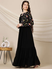 Girls Embroidered A-Line Maxi Ethnic Dress With Jacket