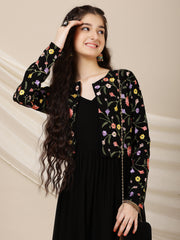 Girls Embroidered A-Line Maxi Ethnic Dress With Jacket