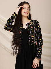 Girls Embroidered A-Line Maxi Ethnic Dress With Jacket