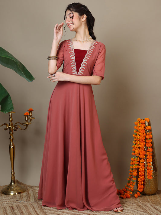 Embroidered V-Neck A-Line Ethnic Dresses