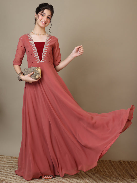 Embroidered V-Neck A-Line Ethnic Dresses