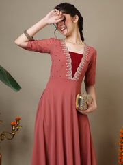 Embroidered V-Neck A-Line Ethnic Dresses
