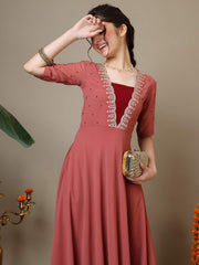 Embroidered V-Neck A-Line Ethnic Dresses