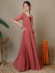 Embroidered V-Neck A-Line Ethnic Dresses
