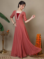 Embroidered V-Neck A-Line Ethnic Dresses