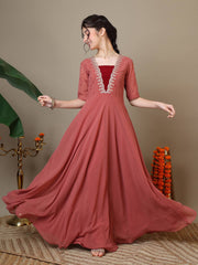 Embroidered V-Neck A-Line Ethnic Dresses
